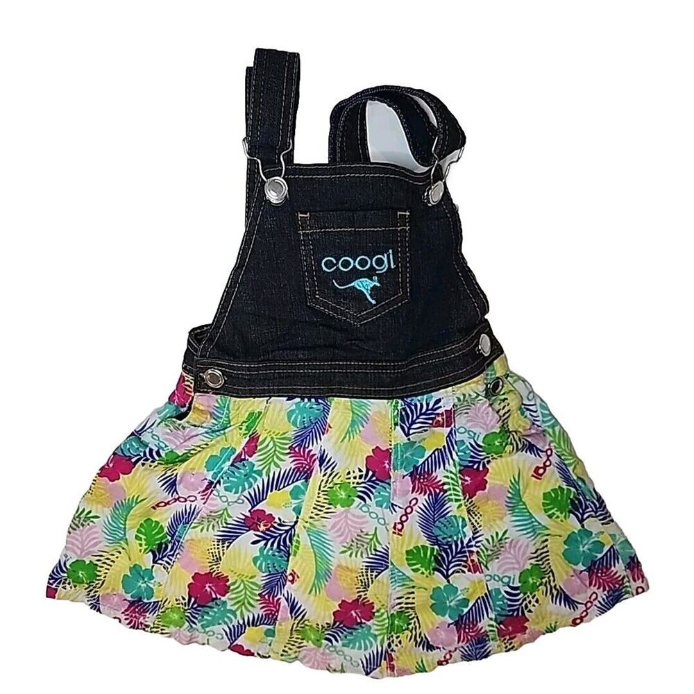Coogi Girls Denim Overall Jumper Dress Rare Tropical Floral Print Logo 90s Sz 6X